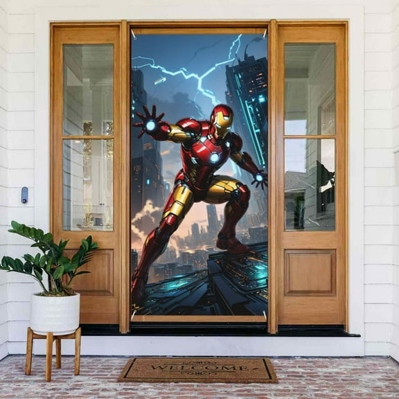 Door Cover Decoration,Iron Man Door Hanging Banner Background for Home Door Holiday Christmas Decoration(35.4"x72.8")