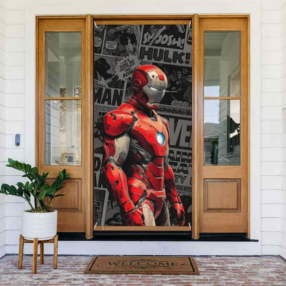 Door Cover Decoration,Iron Man Door Hanging Banner Background for Home Door Holiday Christmas Decoration(35.4"x72.8")