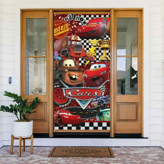 Door Cover Decoration Lightning McQueen Hanging Banner Backdrop Tapestry Outdoor Party Decor 72.8 x 35.4 Inch