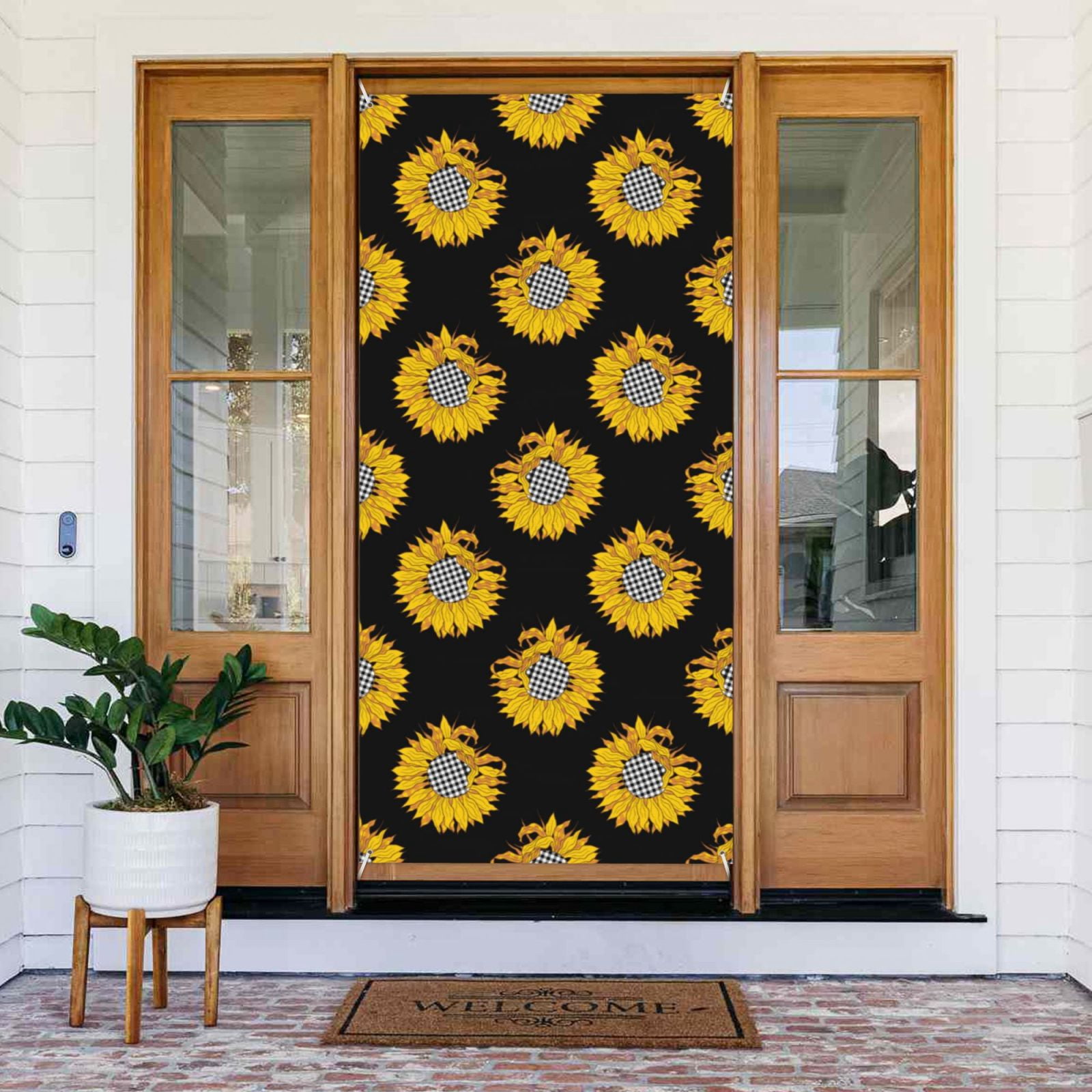 Door Covers Decorative - Buffalo plaid sunflowers black Door Banner