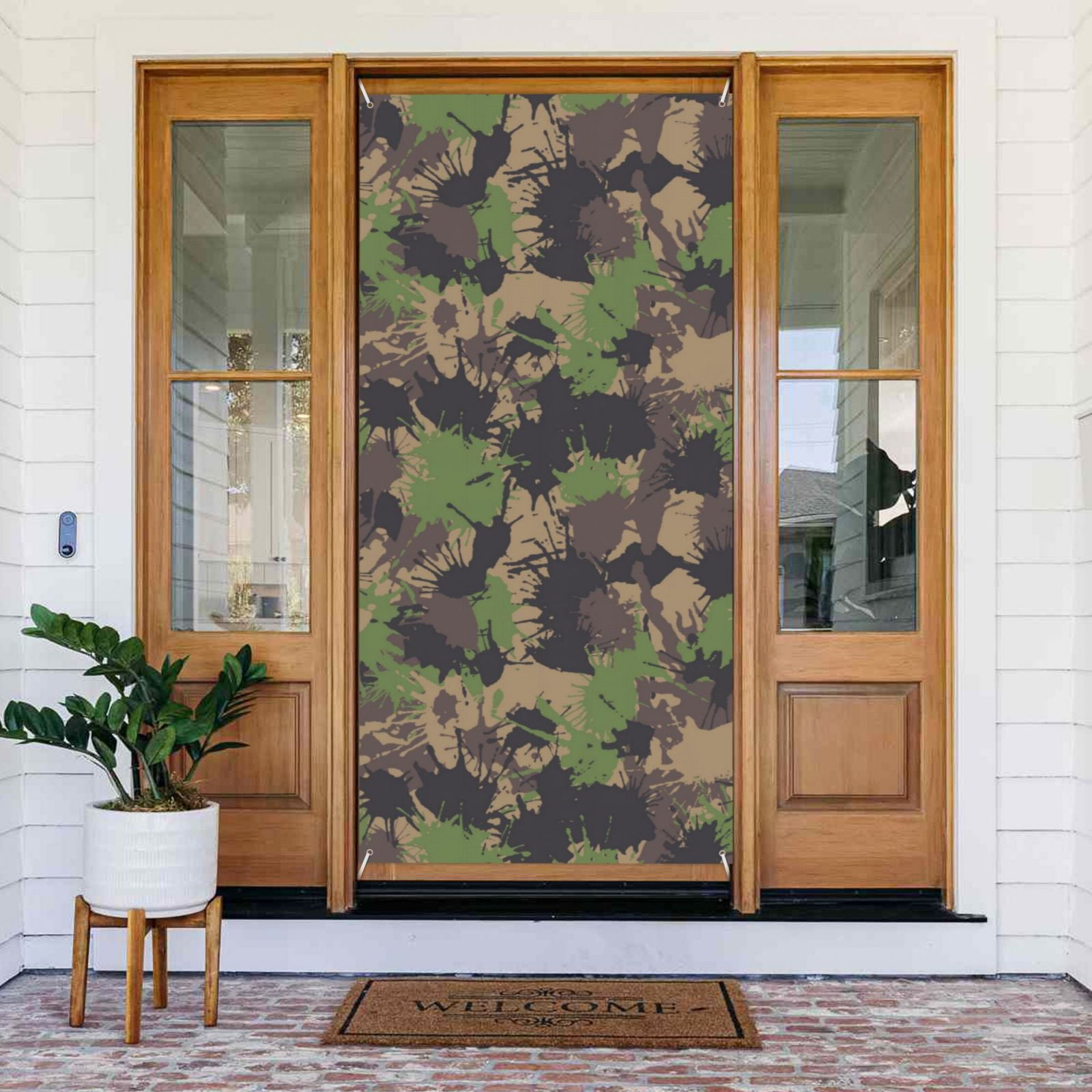 Door Covers Decorative - Green Gray Camouflage Door Banner Decorations for Indoor Outdoor, Spring, Summer, Fall, Winter Funny Christmas Halloween Decorations