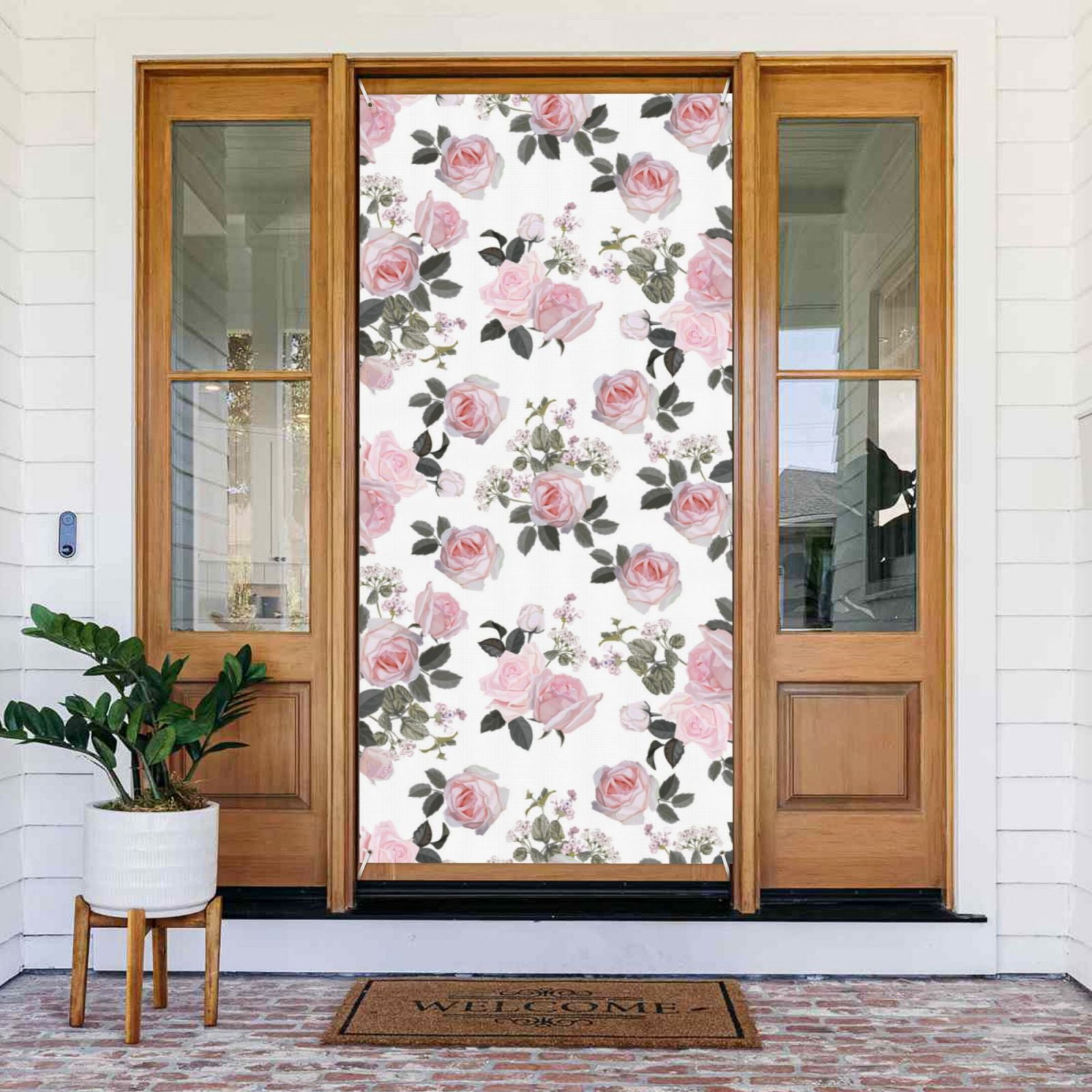 Door Covers Decorative - Rose Flowers Green Leaves Door Banner
