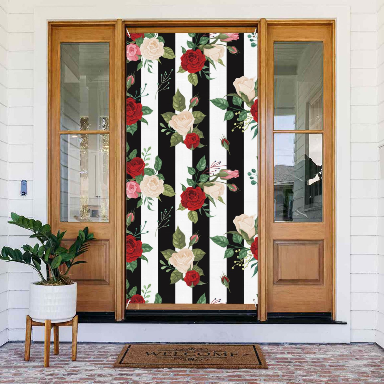 Door Covers Decorative - Stripe Rose Flowers Door Banner Decorations
