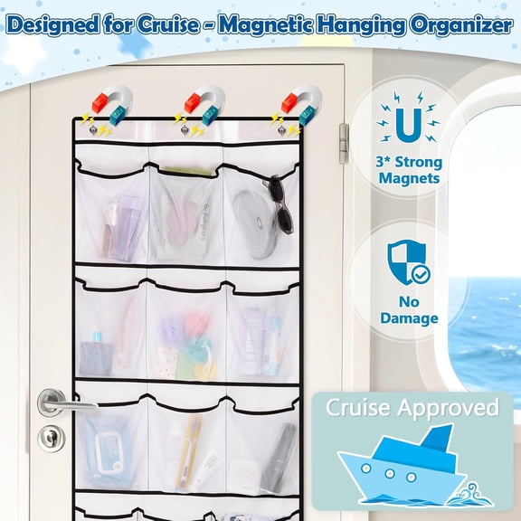 Over Door Cruise Organizer - Magnetic Cruise Door Organizer with 15 Sized Pockets, Hanging Magnetic Cruise Shoe Storage Rack for Cabin, 2026 Cruise Essentials, 9 Hooks (White)