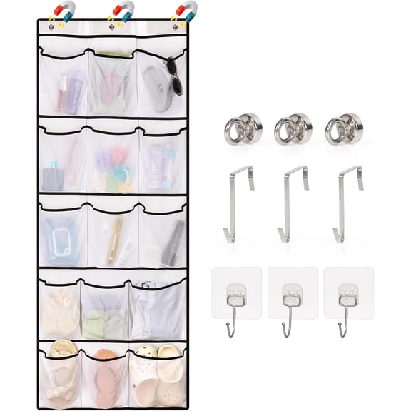 Over The Door Cruise Ship Organizer - Cruise Ship Magnetic Door Organizer with 15 Size-Graded Pockets, Hanging Magnetic Cruise Storage Shoe Rack for Cabin, 2026 Cruise Essential, 9 Hooks(White)