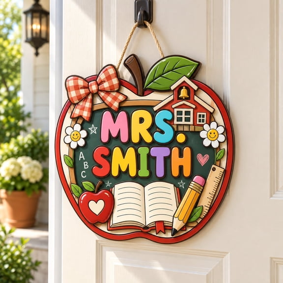 Door Door Sign, Apple-Shaped Personalized Teacher Welcome DeDoor Sign, Classroom Door Hanger for Back-to-School Gift