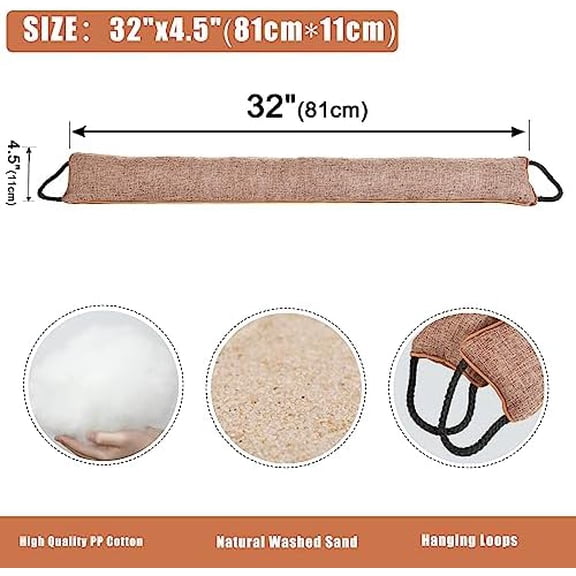 Under Door Draft Stopper 32 inch Wind Stopper for Door & Window, Weighted French Air Draft Stopper Front Door Snake Noise Blocker for Bottom of Door with Hanging Loops - Brown