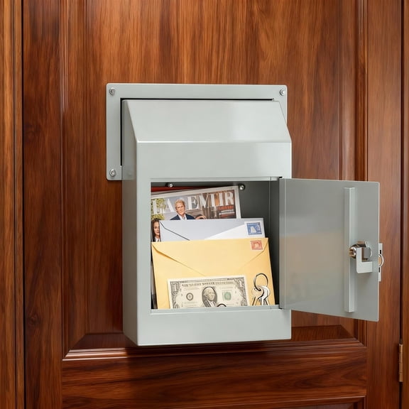 Through Door Locking Steel Mailbox - Heavy Duty Drop Box for Mail, Rent & Keys with Rear Access (Light Gray)