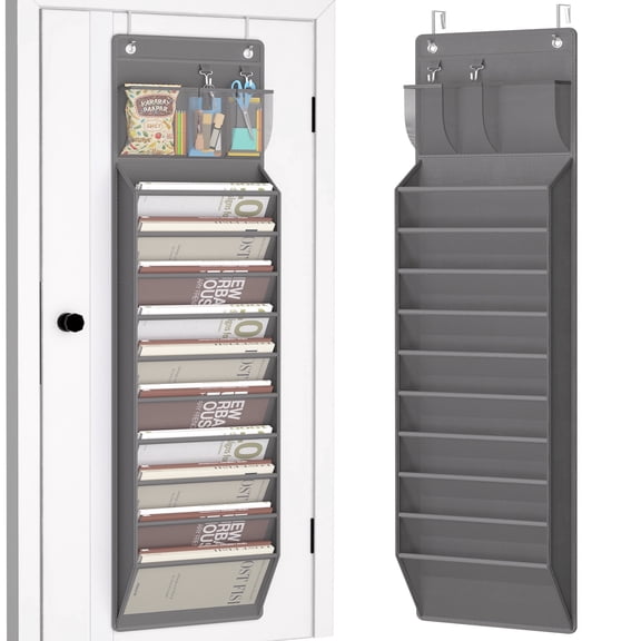 Over the Door File Organizer, Hanging File Folders Wall Organizer with 10 Large Pockets for Papers, Charts, Mails, Magazine, Office and Back To School Supplies Storage and Organization (Grey)