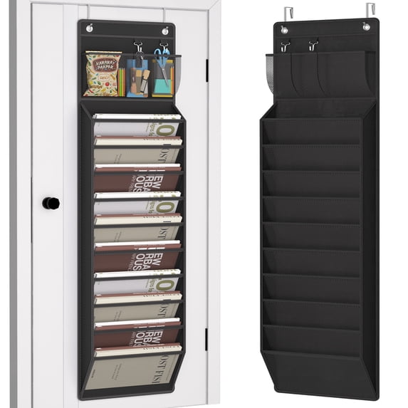 Over the Door File Organizer, Hanging File Folders Wall Organizer with 10 Large Pockets for Papers, Charts, Mails, Magazine, Office and Back To School Supplies Storage and Organization (Black)