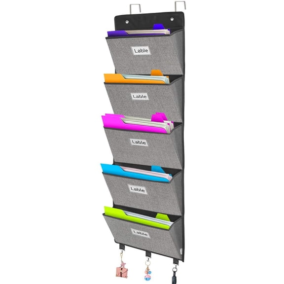 Over the Door File Organizer, Wall Hanging File Folders with 5 Large Pocket for Mails, Magazines, Back to School Supplies,Office Chart Storage, Paper Organization (Grey)