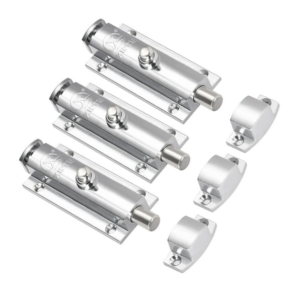Door Flush Bolt, 4-inch Zinc Alloy Security Sliding Barrel Latch Lock with Spring Switch 3 Pcs (Nickel Plated)