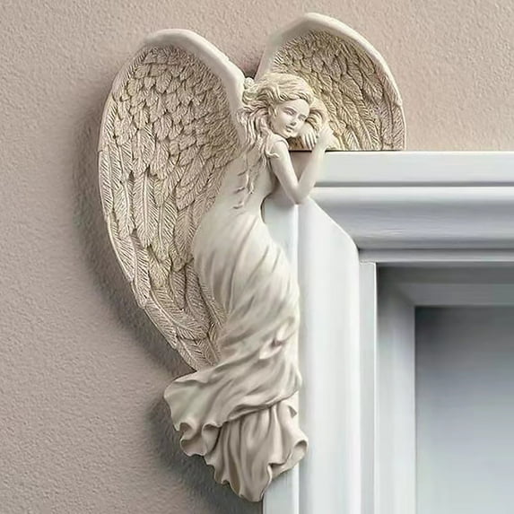 Door Frame Angel Decor Statues Ornaments with Heart-Shaped Wings Sculpture in Your Corner Resin Wall Crafts for Home Living Room Bedroom Decoration, White, 16x11cm/6.50x4.50in(A)