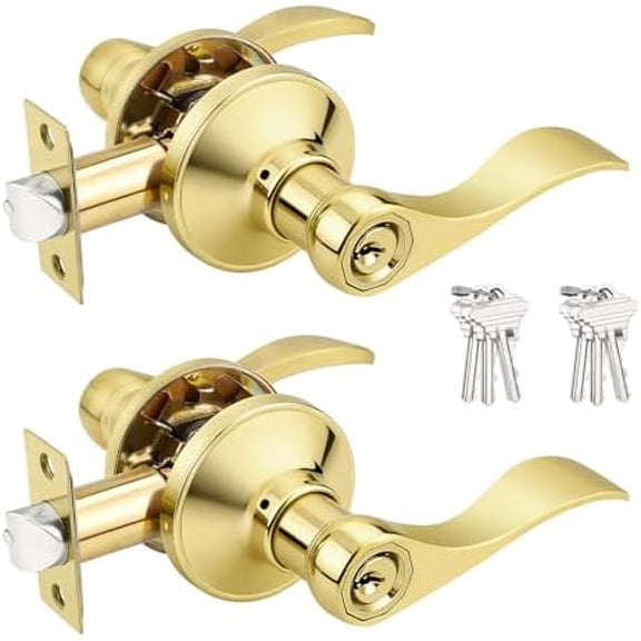 Door Handles Polished Brass, Front Exterior Door Handles with Lock and Keys, Keyed Alike Entry Door Lever Wave Style Reversible, 2 Pack
