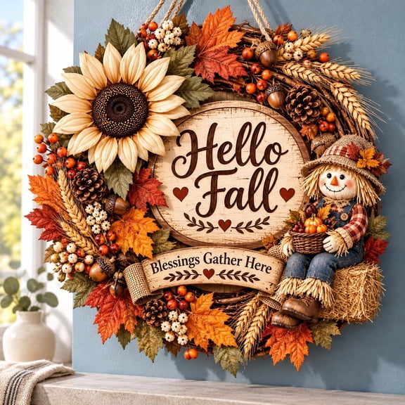 Door Hanger Autumn Scarecrow Sunflower Wooden Front Door Decor Thanksgiving