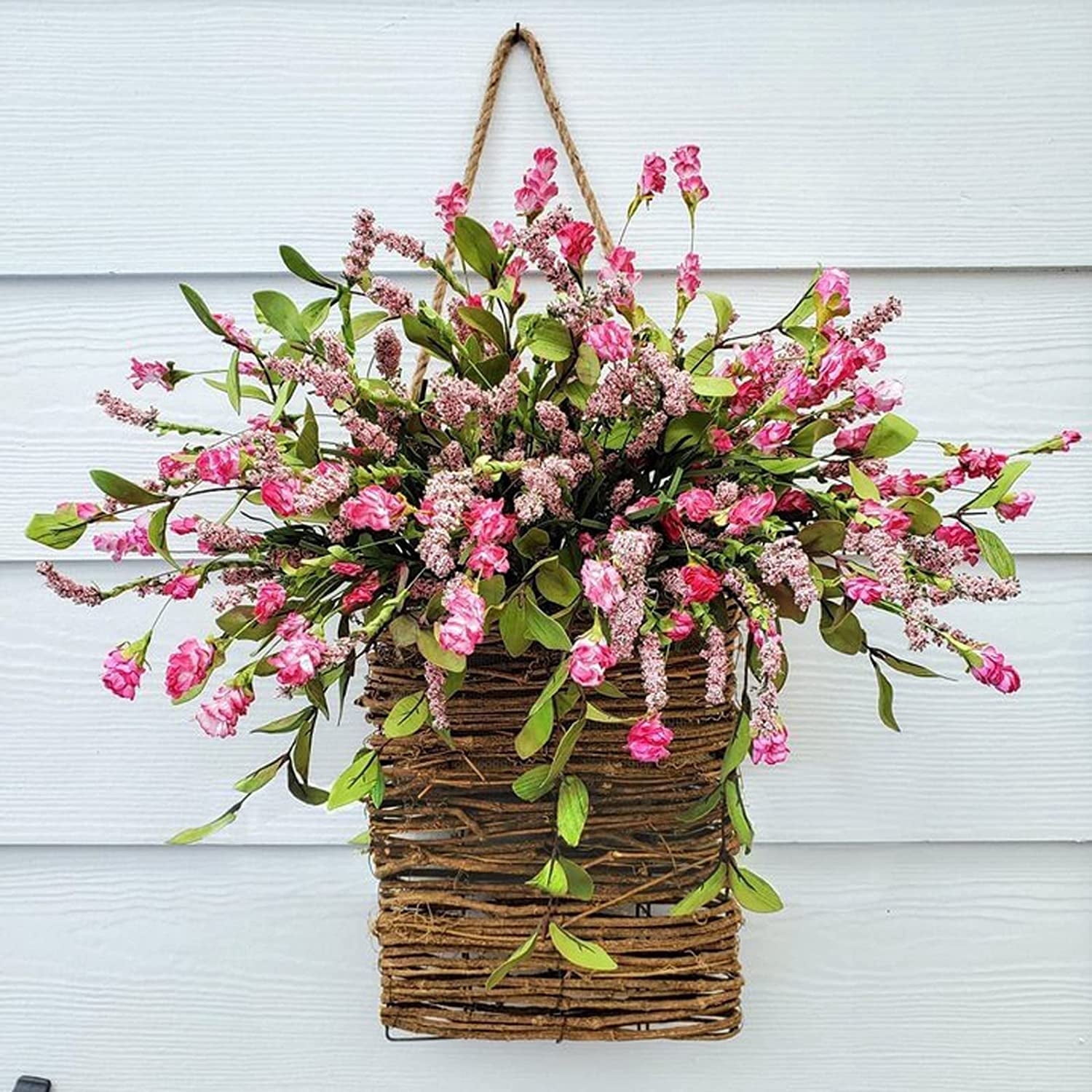 XEAZON Door Hanger Basket Wreath, 17.7in Pink Farmhouse Wreath with Wildflowers, Spring Summer Wreath for Front Door with Rattan Basket for Wall Home Porch Decor (Pink)