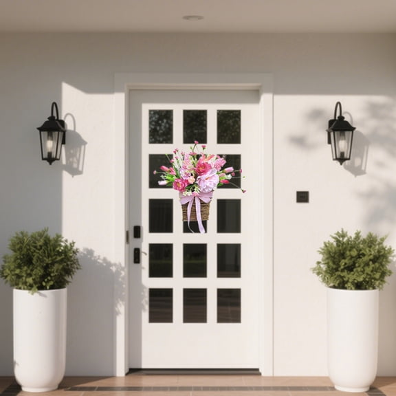 Door Hanger Basket Wreath, 2025 Newest Wildflowers Door Hanging Basket Wreath, Front Door Beautiful Artificial Spring and Summer Wreath Welcome Sign, Home Porch Farmhouse Decor