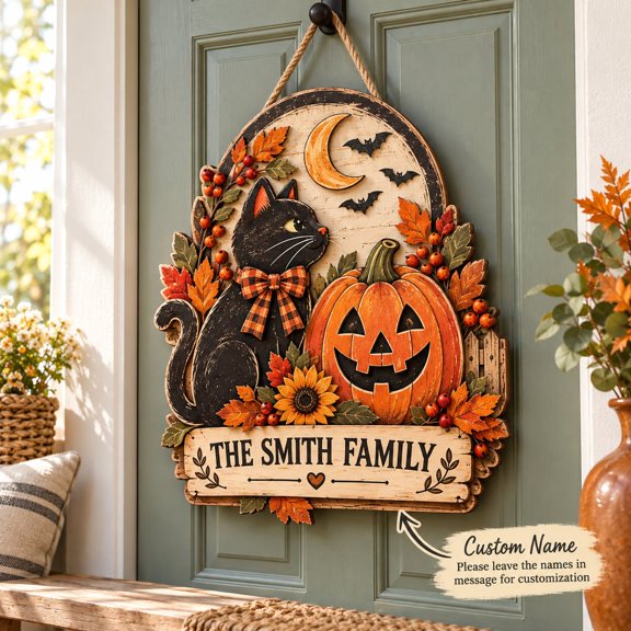 Door Hanger Black Cat Pumpkin Wooden Front Porch Decor Halloween