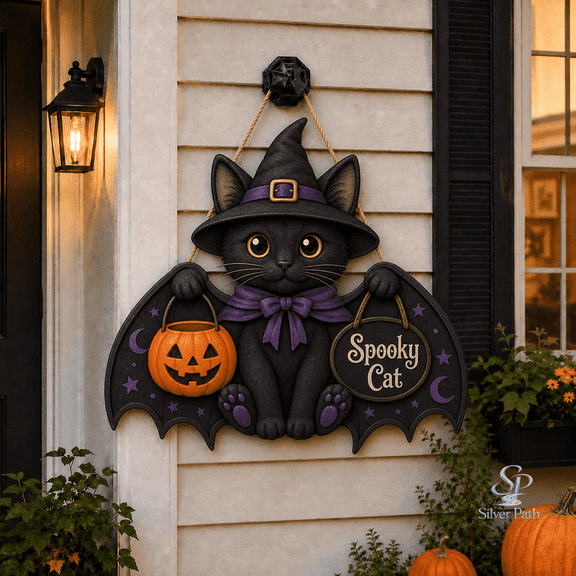 Door Hanger Black Cat Witch Halloween Wooden Front Door Sign for Porch Spooky Pet Decor