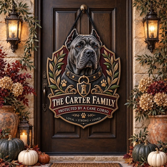 Door Hanger, Cane Corso Family Crest Porch Welcome Display for Dog Owners