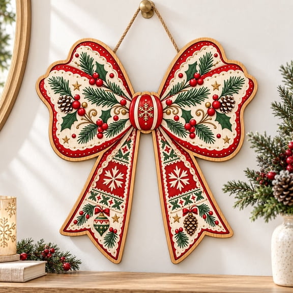 Door Hanger Christmas Bow Wooden Front Door Decor Holiday