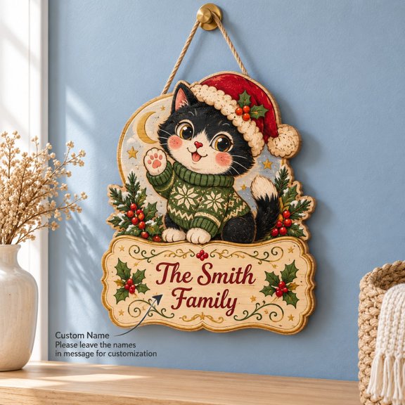 Door Hanger Christmas Cat Family Name Wooden Front Door Decor Holiday