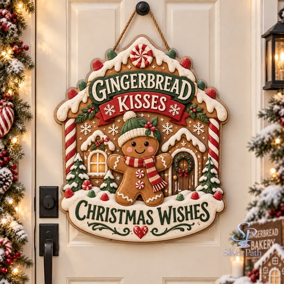 Door Hanger, Christmas Gingerbread Candy House Snowflake Entryway Decoration for Holiday Guests