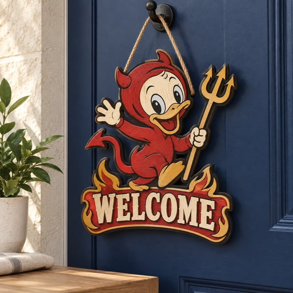 Door Hanger Devil Duck Theme Wooden Entryway Decor Halloween