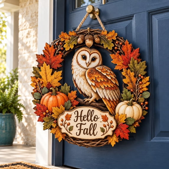 Door Hanger Fall Owl Wreath Wooden Front Door Decor Thanksgiving ...