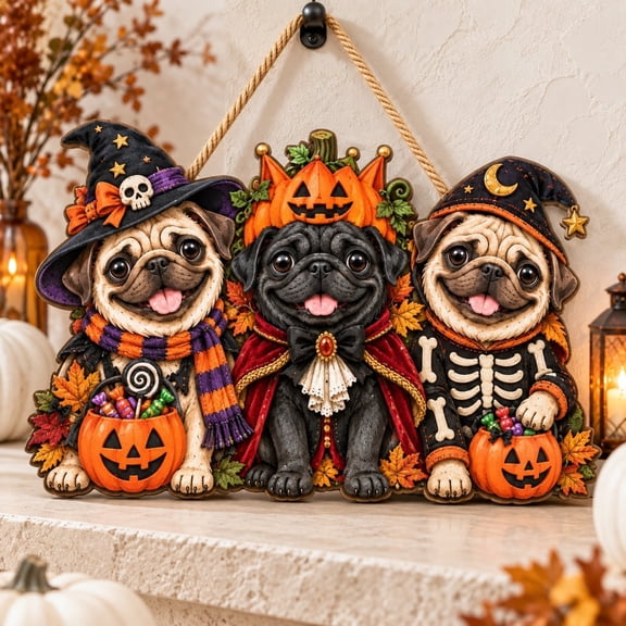 Door Hanger Halloween Pug Trio Wooden Sign Welcome Decor for Dog Lovers
