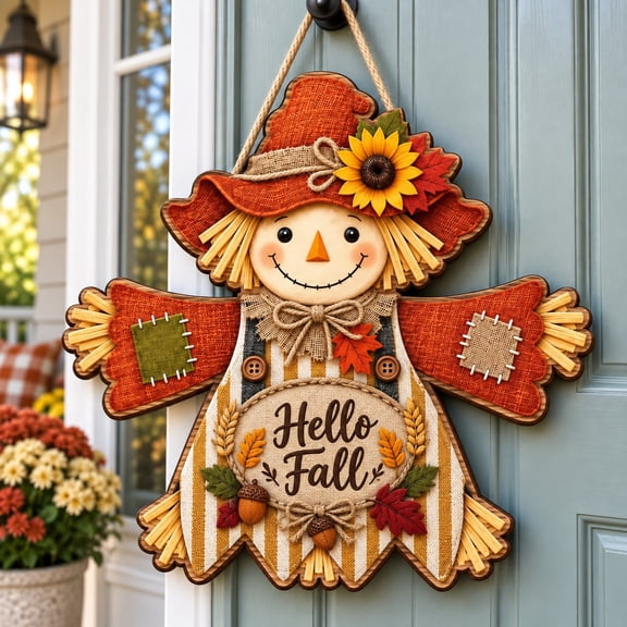 Door Hanger, Hello Fall Scarecrow Rustic Sunflower Buffalo Plaid Porch Decor