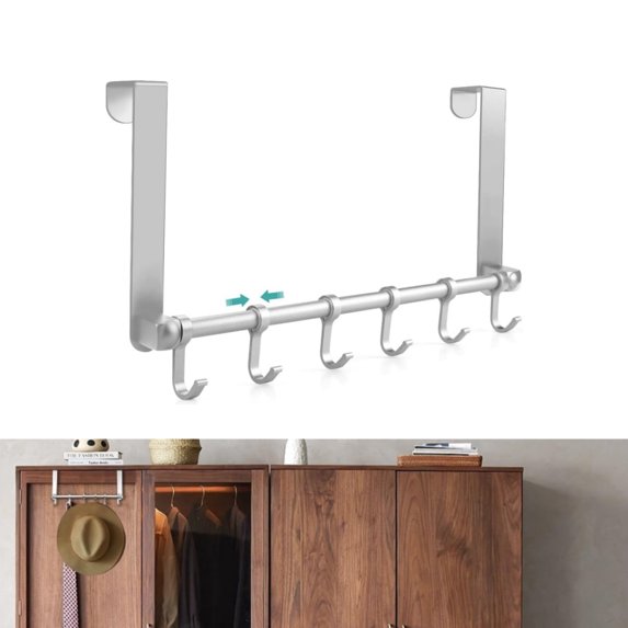 Door Hanger Hook Rack,QZS Over the Door Towel Rack for Bathroom,1pcs Silver Durable Moving 6-Hook Towel Hanger for Hanging Clothes Hat