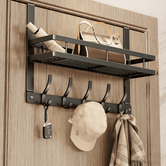 Door Hanger Hooks for Hanging, Over The Door Hanger for Coat Rack with 5 Hooks & 1 Basket