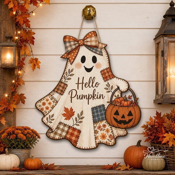 Door Hanger Patchwork Ghost Wooden Front Door Sign for Rustic Halloween Fall Porch Decor