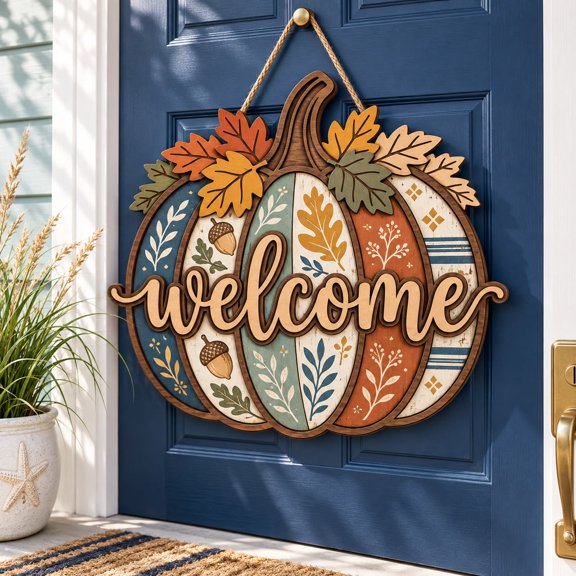Door Hanger Patchwork Pumpkin Welcome Wood Porch Decor for Fall