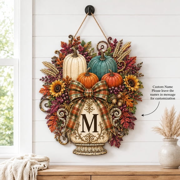 Door Hanger Personalized Fall Pumpkin Monogram Porch Decor Thanksgiving