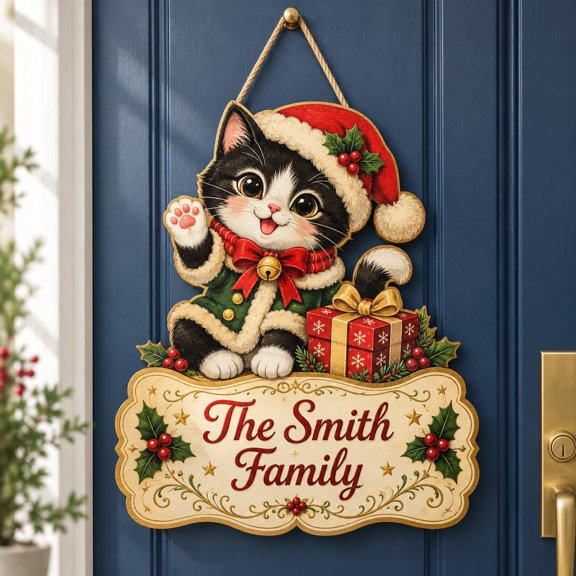 Door Hanger, Personalized Family Name Cat Wooden Front Door Decor for Christmas Gifts