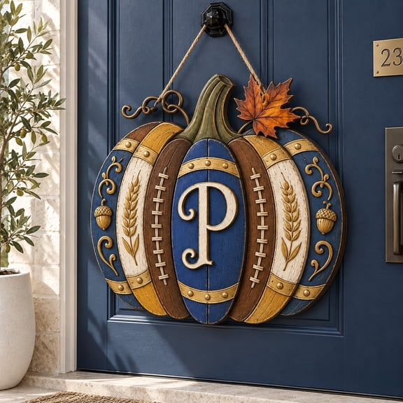 Door Hanger, Personalized Football Pumpkin Monogram for Fall Porch Decor
