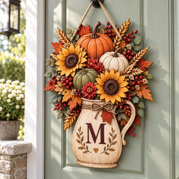 Door Hanger Personalized Monogram Fall Floral Pumpkin Wood Porch Decor
