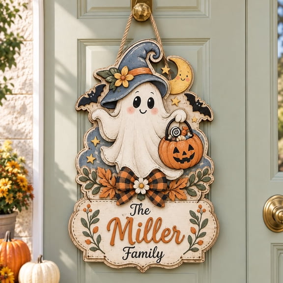 Door Hanger Personalized Pumpkin, Ghost and Buffalo Plaid Design Wooden Front Door Decor for Halloween and Fall