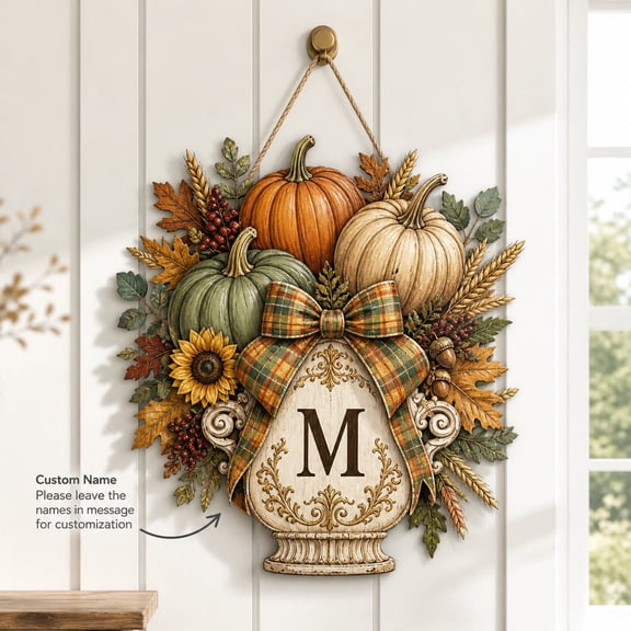 Door Hanger Personalized Pumpkin Monogram Porch Decor Thanksgiving