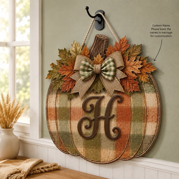 Door Hanger Personalized Pumpkin Plaid Monogram Porch Decor Autumn