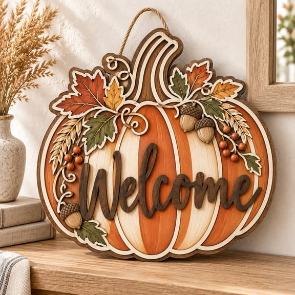Door Hanger, Personalized Pumpkin Wooden Sign for Front Door, Fall Wreath Decor for Thanksgiving Housewarming Gift