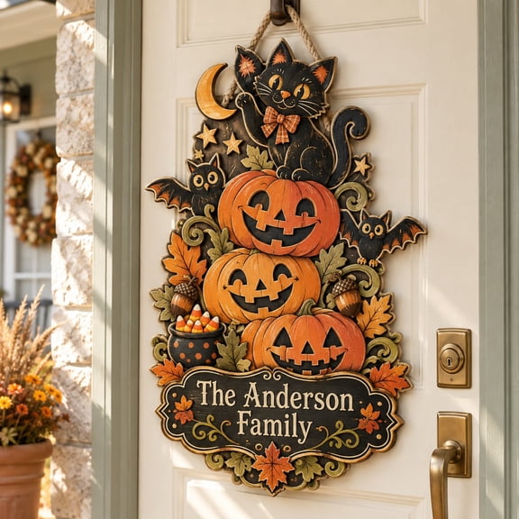 Door Hanger, Personalized Stacked Pumpkin and Black Cat Jack-o'-Lantern Wood Sign for Front Door Halloween Decor