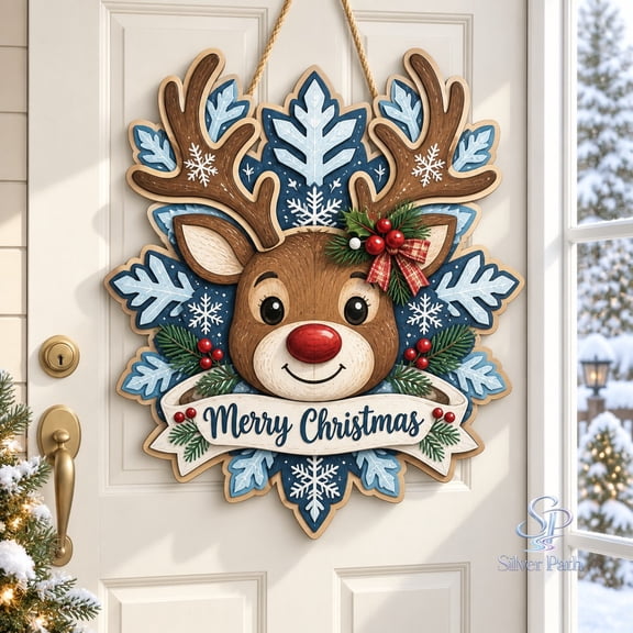 Door Hanger Reindeer and Snowflake Christmas Design, Wood Front Entry Decoration for Holiday Hosts