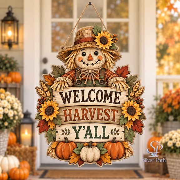 Door Hanger Scarecrow Harvest Welcome Wooden Front Entry Sign for Autumn Hosts