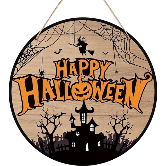 Door Hanger Sign Happy Halloween 12 Inch Round Wooden Hanging Decor for Front Door Porch Indoor and Outdoor Halloween Home Decor