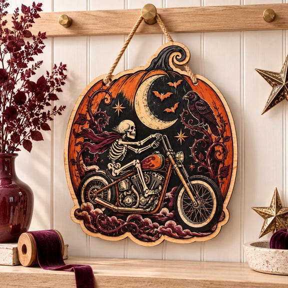 Door Hanger Skeleton Pumpkin Halloween Wooden Front Door Decor