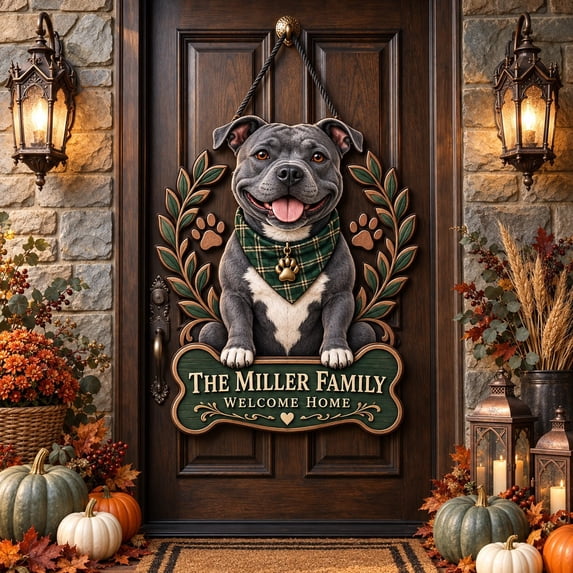 Door Hanger, Staffordshire Bull Terrier Family Name Welcome Sign for ...
