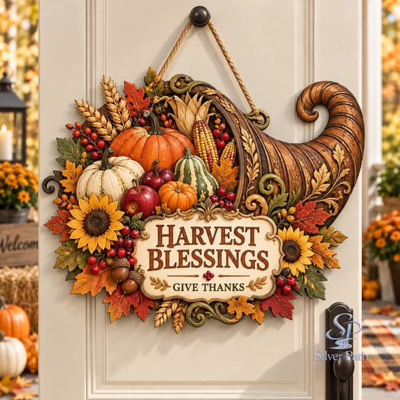 Door Hanger, Thanksgiving Cornucopia Harvest Blessings Wooden Entryway Decor for Hosts